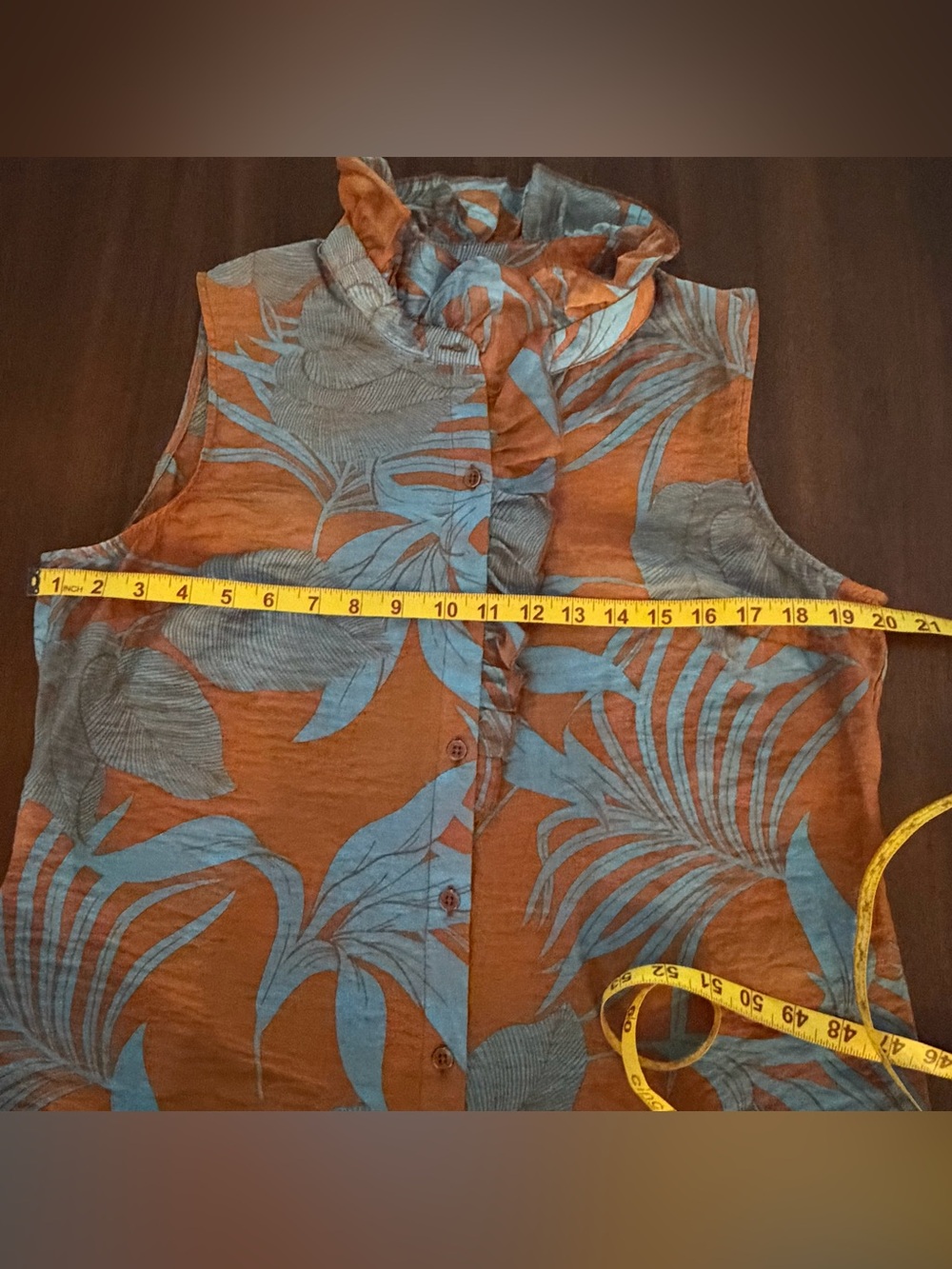 CAbi Sheer Blouse in Rust & Slate Blue Tropical print. - Picture 7 of 8